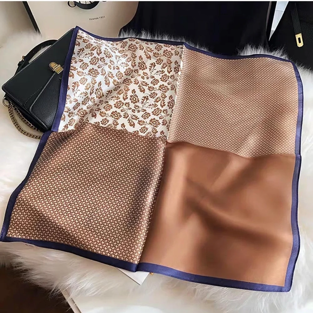 Brown & Cream Patterned Silk Scarf 100% Real Mulberry Silk Women Small 21